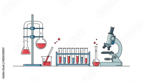 Clean and modern laboratory setup including a microscope, test tubes, beakers, and flasks with colorful liquid for scientific research.