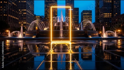 Illuminated fountain display with neon frame at twilight reflecting water