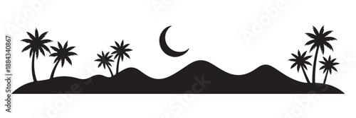 Desert landscape silhouette with palm trees and crescent moon for ramadan kareem background night scene of sand dunes under starry sky with tropical foliage for middle east travel design