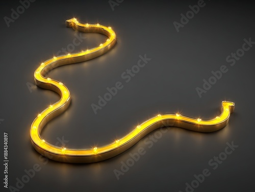 Glowing golden winding light path on dark surface, abstract visualization symbolizing journey, guidance, energy flow, and dynamic direction