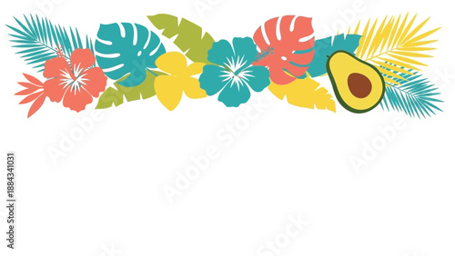 Tropical floral arrangement with vibrant hibiscus monstera leaves and avocado.