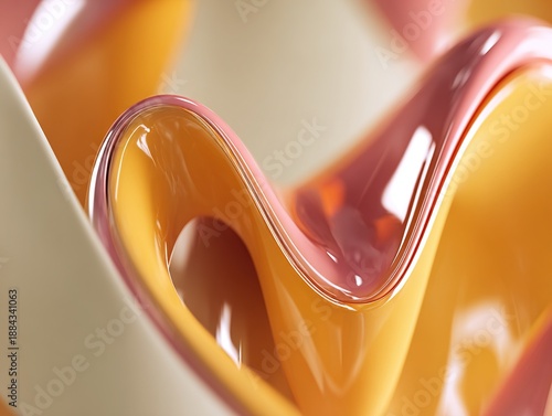 Abstract flowing glossy surface with warm translucent curves, minimalist organic design detail expressing fluidity, softness, and modern material aesthetics
