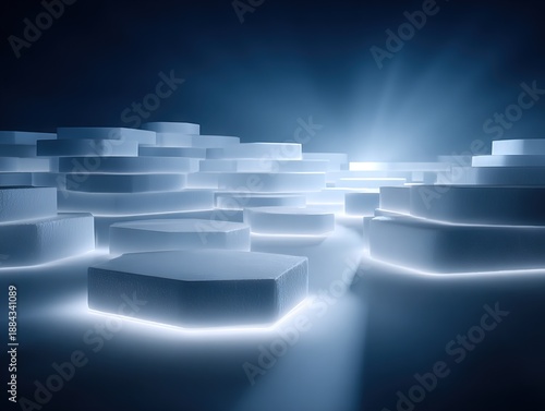Abstract glowing platform landscape with layered geometric forms, futuristic digital terrain visualizing structure, depth, and technological progression