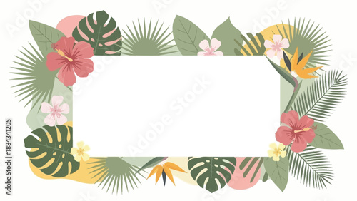 Tropical Floral Frame with Hibiscus and Palm Leaves 1.