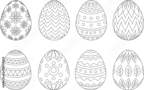 Detailed Easter Egg Line Art Illustrations with Geometric and Floral Patterns for Coloring Books and Cards