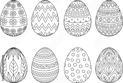 Set of Decorative Easter Eggs with Hand Drawn Textures and Patterns in Minimalist Black and White Line Art