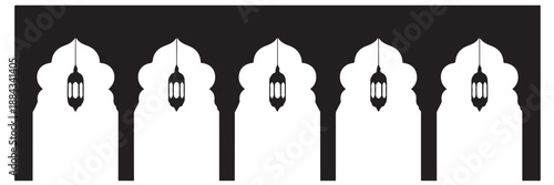 Mosque arches silhouette with hanging lanterns for ramadan kareem border design islamic architecture frame with decorative lights for muslim holiday background and prayer room decoration