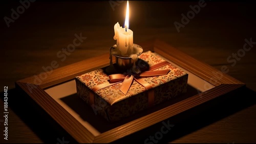 Lit candle on gift box inside wooden frame with dark background