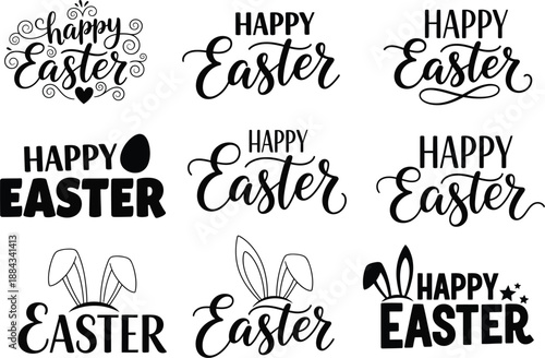 Collection of Happy Easter Calligraphy Designs with Various Font Styles and Decorative Easter Egg Silhouette