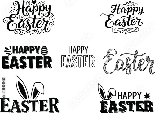Set of Happy Easter Hand Lettering Typography with Bunny Ears and Decorative Swirls for Holiday Greeting Cards