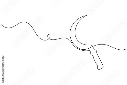 Minimalist sickle in continuous line art style, isolated on white background