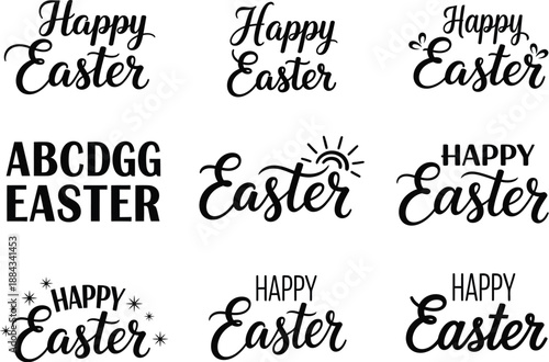 Decorative Happy Easter Lettering Collection with Floral Accents and Star Embellishments for Holiday Invitations