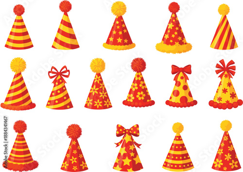 Colorful Set of Party Hats with Stripes Stars and Flowers for Birthday Celebrations and Festive Events
