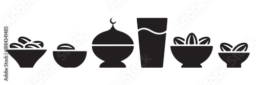Ramadan kareem food icons collection with various bowls of dates nuts and glass of water silhouettes for breaking fast during holy month set of islamic meal elements for holiday celebration