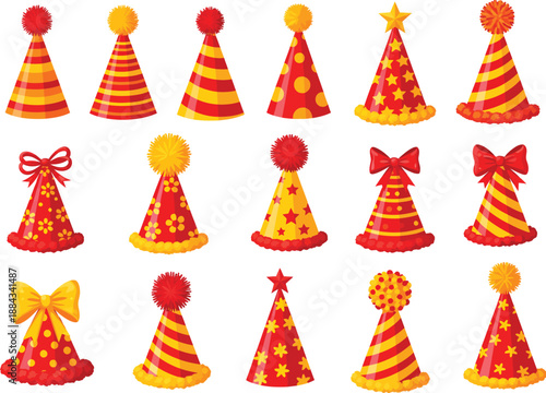 Festive Birthday Party Hats Collection with Various Patterns including Stars Bows and Polka Dots