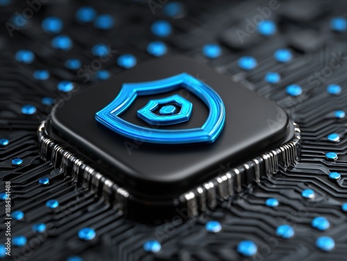 Cybersecurity processor chip with glowing shield icon on circuit board, high tech protection concept for data privacy and digital security systems