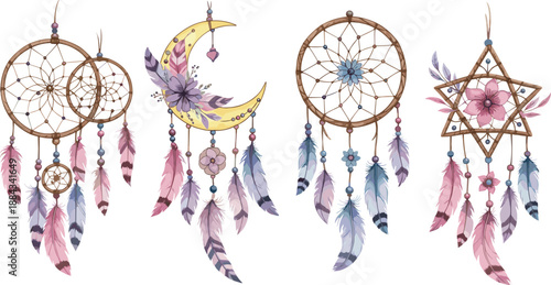 Boho dreamcatcher illustration set, moon and star designs, colorful feathers with beads, spiritual native decoration, wall art collection