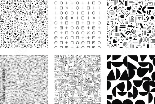 Set of Six Abstract Monochrome Patterns featuring Geometric Shapes Dots and Circuitry Lines