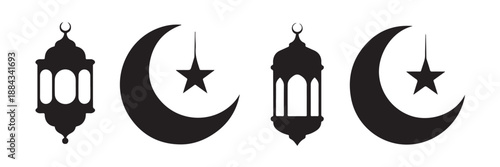 Ramadan lantern and crescent moon icons set silhouettes of islamic decorative symbols for muslim holiday celebration religious ornaments for kareem greeting cards and arabian style designs