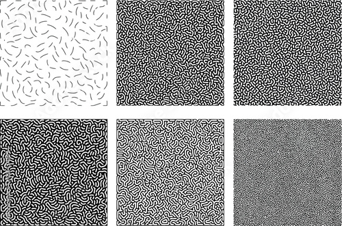 Set of Six Organic Monochrome Patterns with Squiggles Mazes and Stippling Textures for Modern Design