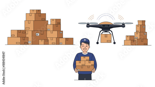 Professional delivery man holding packages next to stacks of boxes and an autonomous delivery drone in operation for logistics.