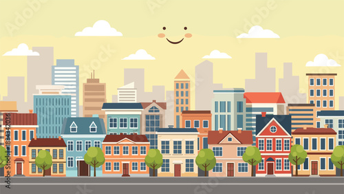 Vibrant urban street scene with colorful apartment buildings and green trees under a bright smiling sun in the yellow sky.