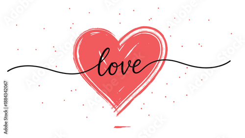 Beautiful pink heart symbol with the word love written in elegant cursive script for romantic holiday greetings and cards.