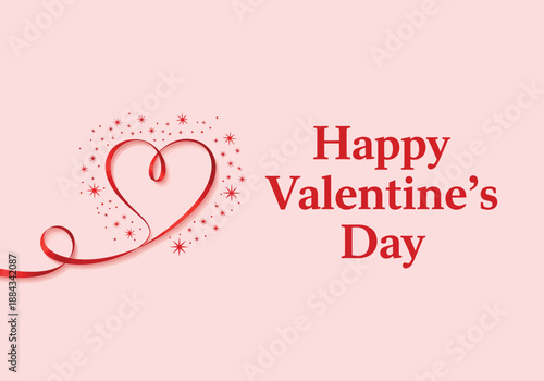 Sparkling Red Ribbon Heart Illustration on Pink Background for Valentine's Day Greeting