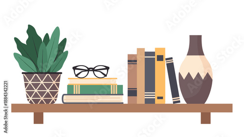 Cozy wooden shelf containing a potted green houseplant, a stack of books, glasses, and a decorative ceramic vase for a room.
