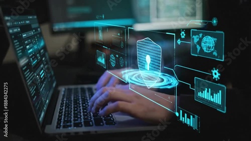 Hands Typing on Laptop with Holographic Data Interface – Digital Transformation, Cybersecurity & Future Tech Visualization

