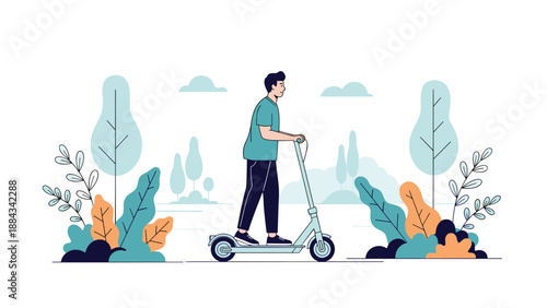 Young man riding a modern electric scooter through a park area with green trees and bushes in a clean flat design style.