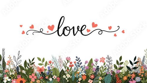 Elegant script word love surrounded by tiny hearts and a colorful floral garden border at the bottom of the white background.