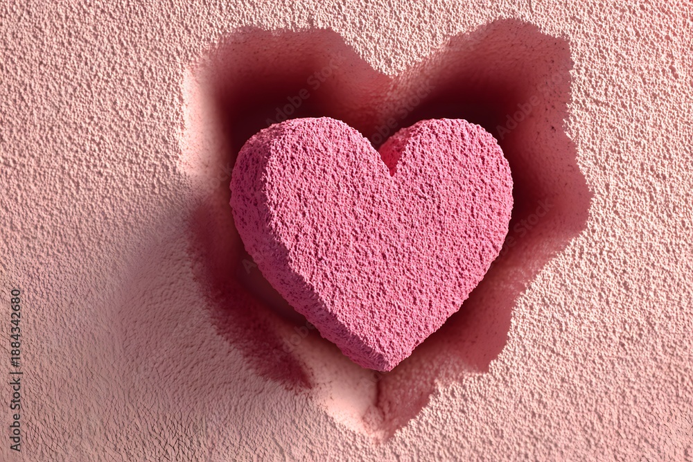 Fototapeta premium Pink Heart Embedded in Textured Surface - Romantic Valentine s Day Design for Print