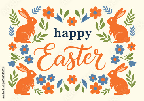 Happy Easter greeting card design with orange bunnies and colorful flowers in a folk art style