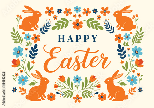Elegant Happy Easter card with festive orange rabbits and a wreath of colorful spring flowers