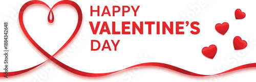Romantic Valentine's Day greeting background with a flowing red ribbon heart and scattered red hearts