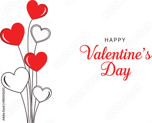 Happy Valentine's Day Greeting Card with Minimalist Red and White Heart Balloons on White Background