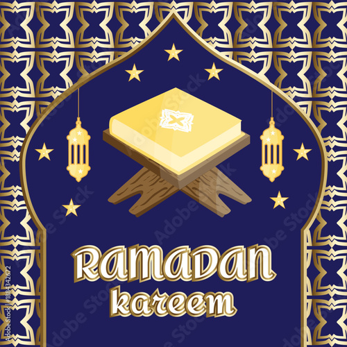 Ramadan Kareem greeting card with golden Quran, lanterns, stars, Islamic pattern and mosque, premium religious banner