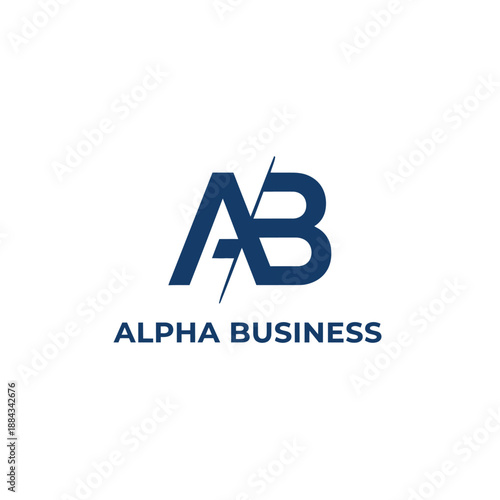 Professional navy blue monogram AB lettermark for corporate identity branding featuring sleek slash design with text ALPHA BUSINESS behind