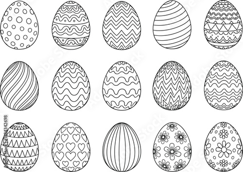 Collection of Fifteen Black and White Easter Eggs with Various Geometric and Floral Patterns for Coloring