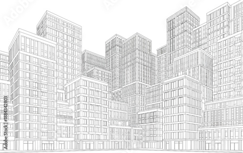 3D Vector Cityscape Wireframe Showing Modern Architectural Buildings and Urban Infrastructure