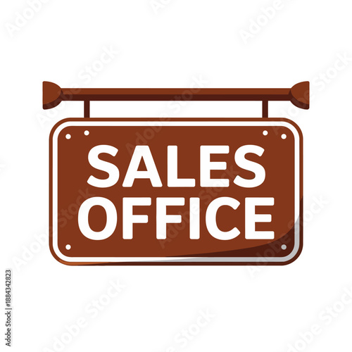 Hanging brown rectangular sales office sign suspended from a dark horizontal bar, isolated on white.