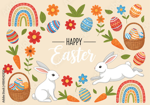 Colorful Happy Easter Greeting Card with Cute Rabbits Decorated Eggs Spring Flowers and Rainbows