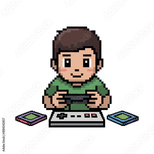 Young boy depicted in retro pixel art style holding a game controller while enthusiastically playing a.