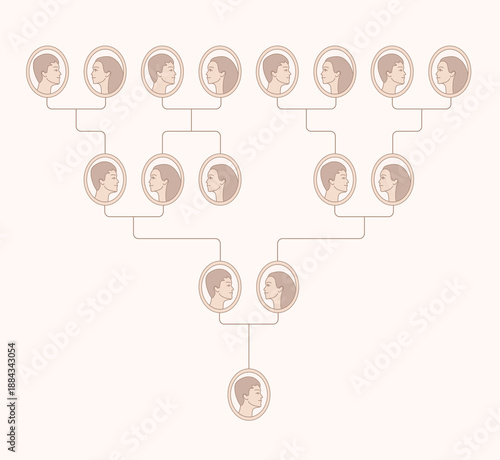 Vector isolated on beige background. Illustration about genealogy with family tree where are mother, father, children and grand parents. Flat style chart shows discovery and study family heritage