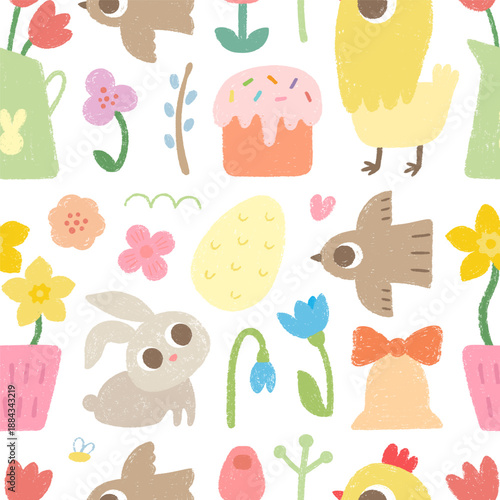 Paschal seamless pattern with Easter bunny, egg, cake, chik, pigeon, flowers.