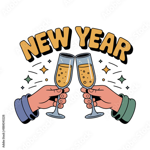Hands making a celebratory toast with champagne flutes for the New Year holiday celebration.
