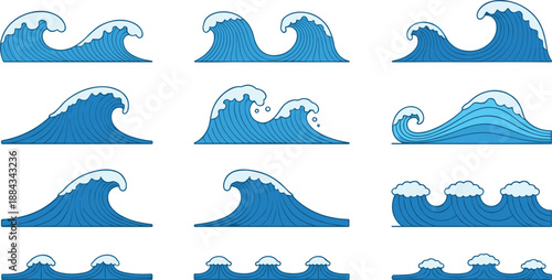 Big cartoon ocean wave vector collection with various surf shapes for sea water and marine design
