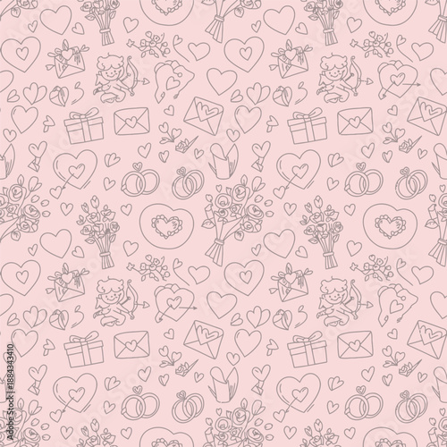 Delicate and charming seamless pattern of romantic symbols, including hearts, gifts, rings, and cupid, perfect for wedding invitations, Valentine's Day designs, and love-themed crafts