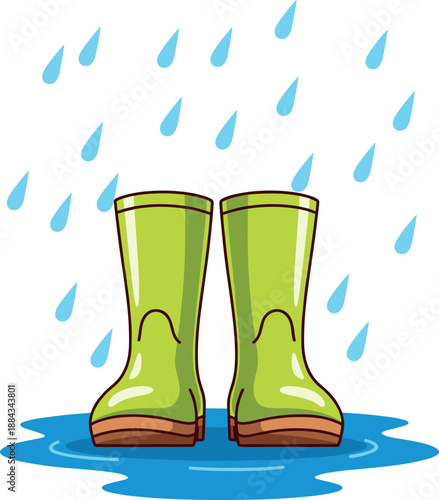 Bright green rubber rain boots vector illustration standing in a water puddle with falling raindrops for autumn weather.
